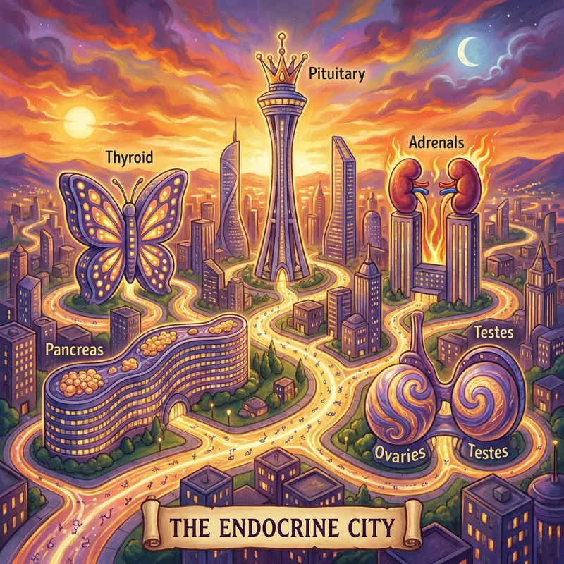 Vibrant Endocrine System Cityscape: Pituitary, Thyroid, Adrenal