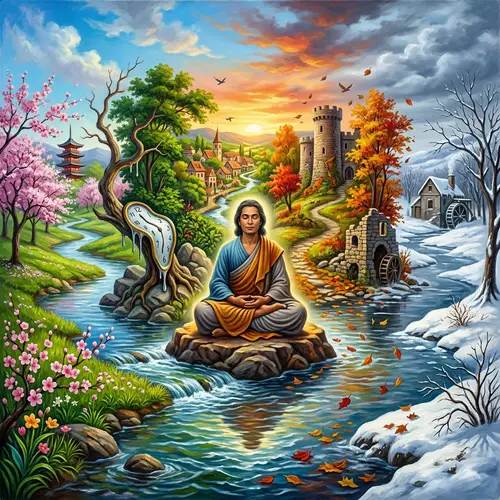 Surreal Painting Depicting Constant Change Through Seasons