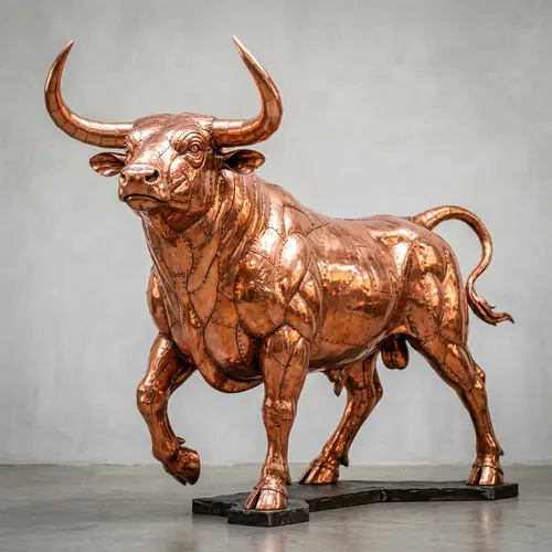 Majestic Bull Sculpture Crafted from Gleaming Copper Plates