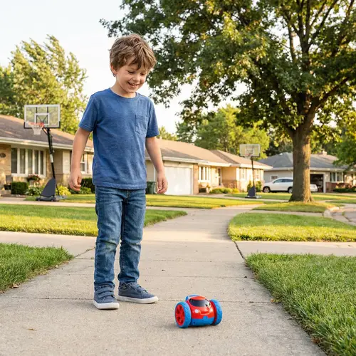 Young Boy in Casual Clothes Enjoying Sunny Day in Suburban Neighborhood