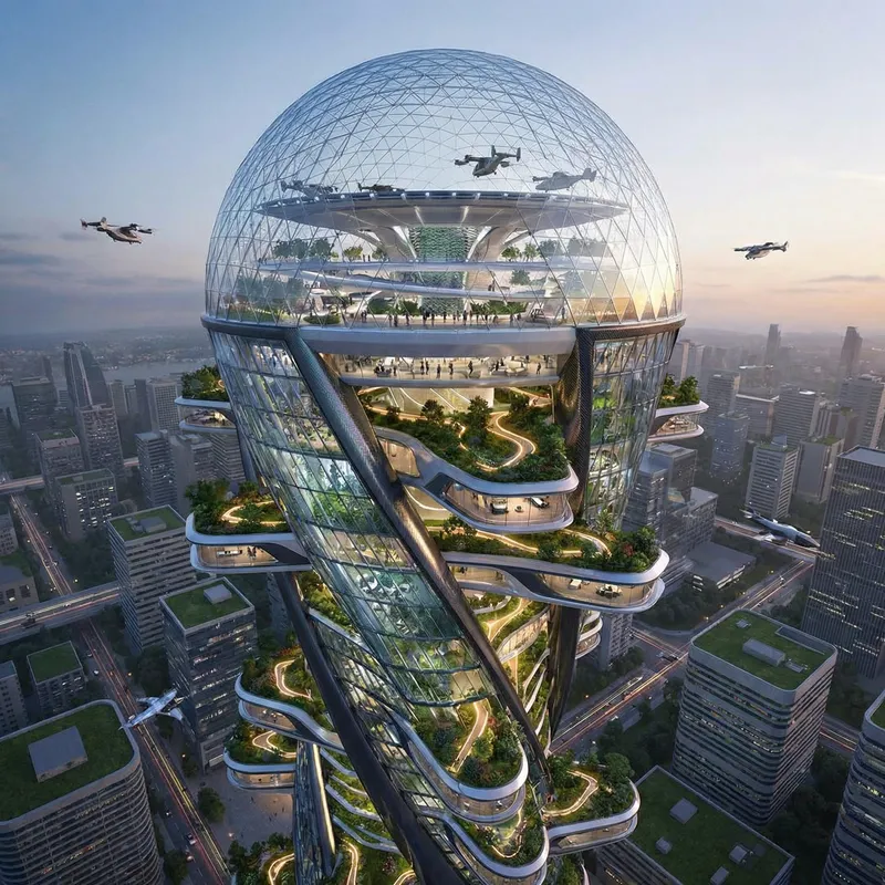Futuristic Skyscraper Design 2050s | Unique Glass Top & Flight Landing Futuristic Skyscraper Design 2050s | Unique Glass Top & Flight Landing