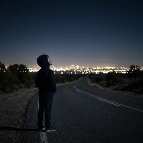 Lonely Boy on a Road at Night with City Lights