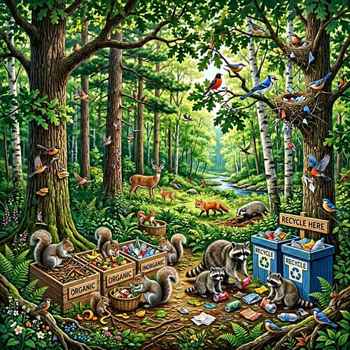 Green Forest Wildlife Recycling Scene