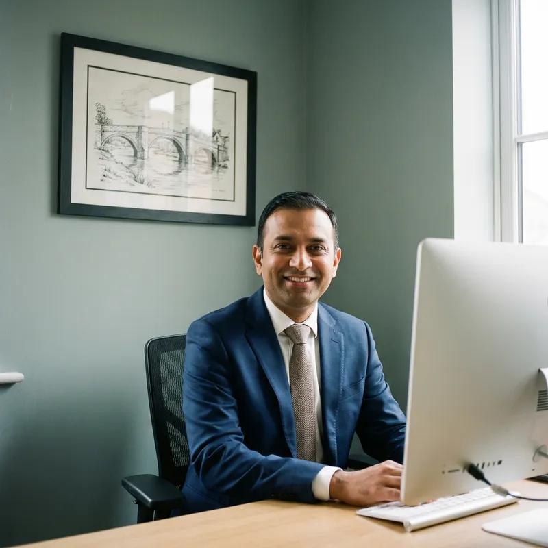 Middle-aged Man in Suit at Computer with Bridge Drawing in Office