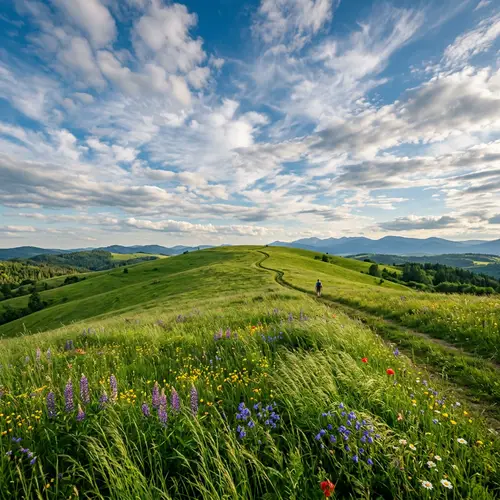 Tranquil Landscape: Green Hill with Colorful Flowers and Endless Sky