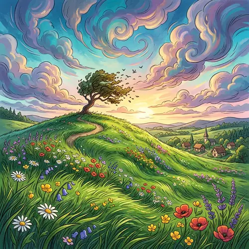 Vibrant Hill: Lush Grass, Blooming Flowers & Wind Touch