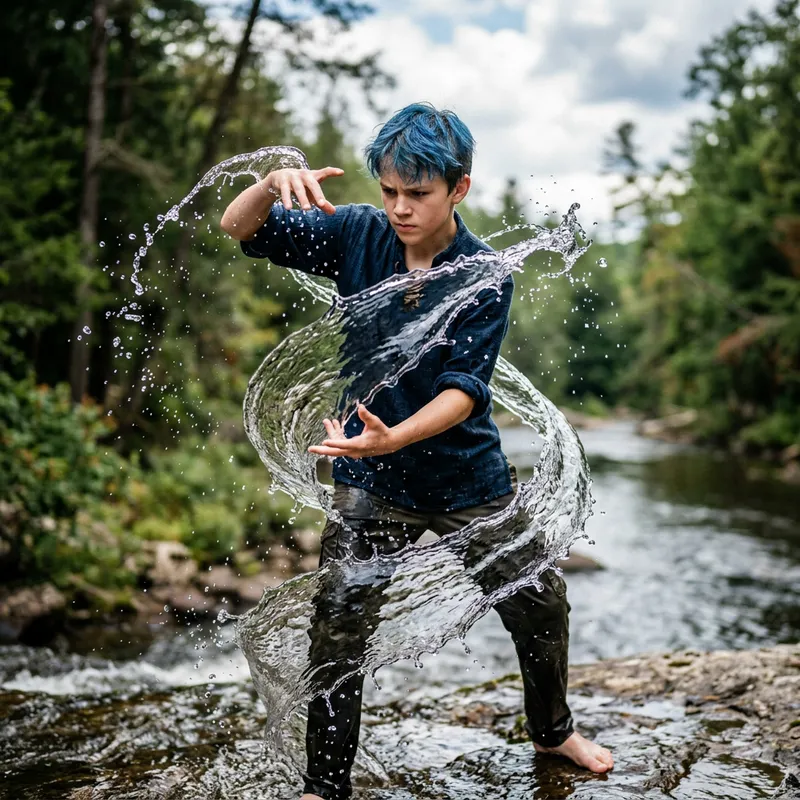 Blue Hair Boy Controlling Water Effortlessly - Realistic Design