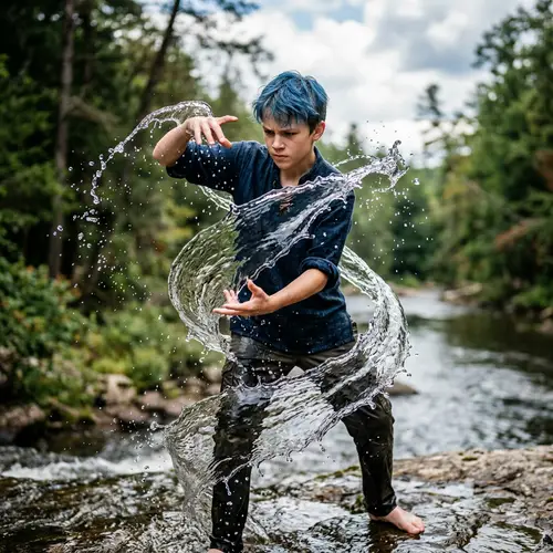Blue Hair Boy Mastering Water Control in Realistic Design