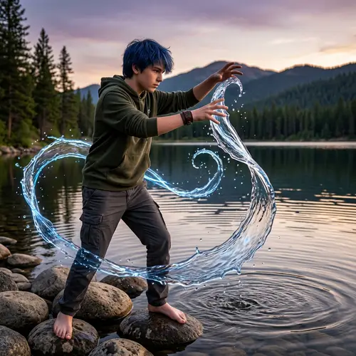 Boy with Blue Hair Controlling Water