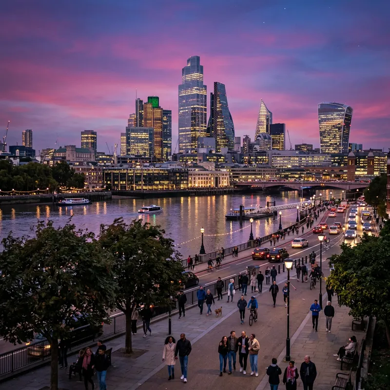 Tranquil Dusk Cityscape with Skyscrapers and River Reflection