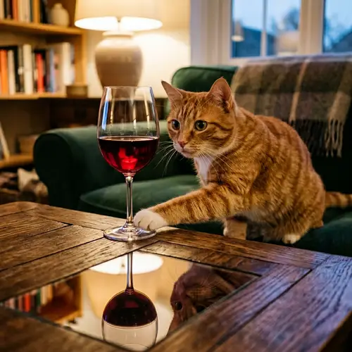 Ginger Tabby Cat and Crimson Red Wine - Cozy and Humorous Scene