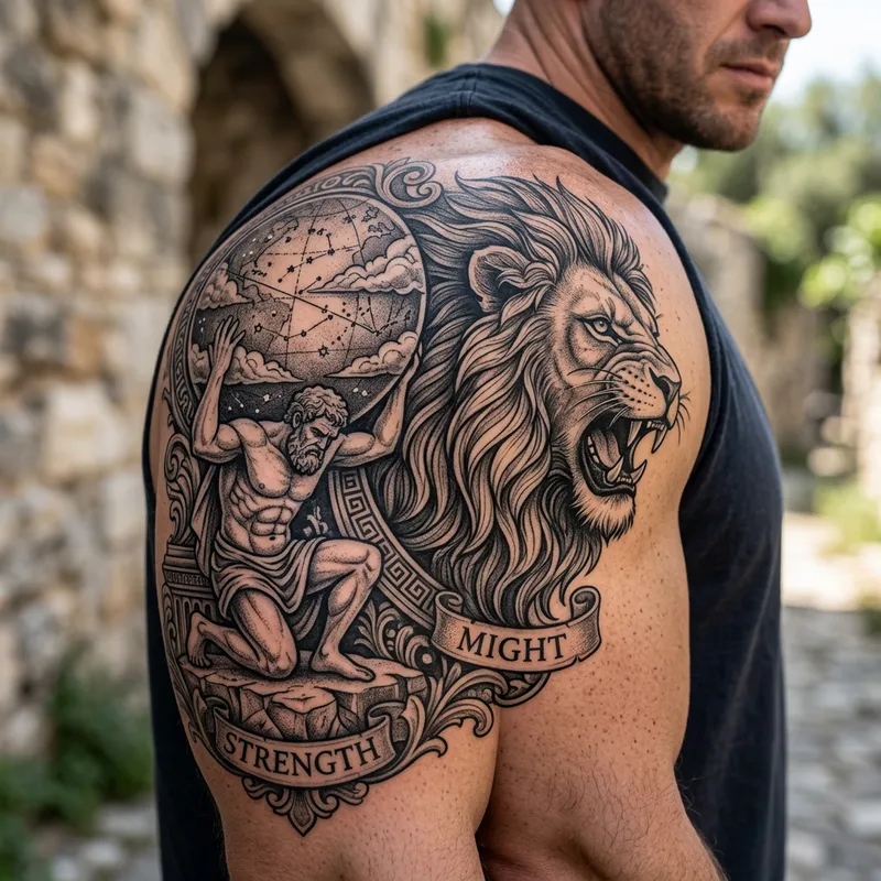 Lion and Atlas Tattoo Design: Symbol of Power and Strength