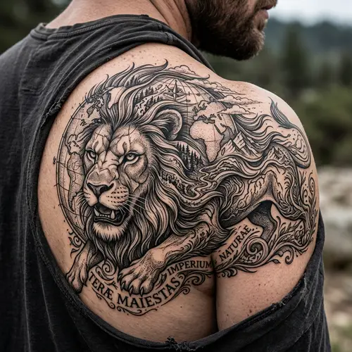 Lion & Earth Tattoo Design | Nature's Majestic Symbol