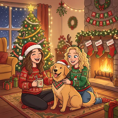 Christmas Cartoon: Women & Dog in Festive Attire