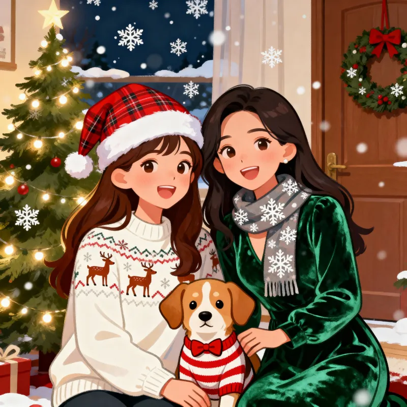 Christmas Cartoon: Women & Dog in Festive Attire