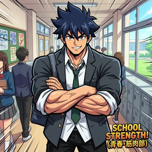 Unique Muscular Character in School Attire with Spiky Hair & Confident Eyes