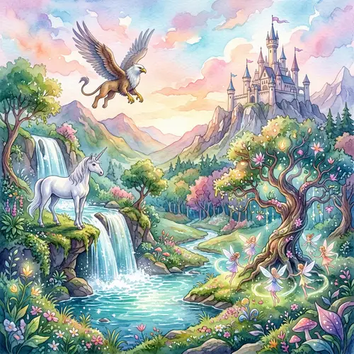 Fantasy Watercolor Scene with Mythical Creatures