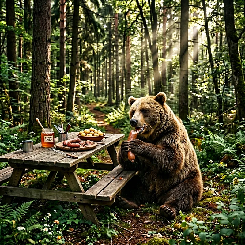 Exhausted Bear's Picnic: Feast in the Forest