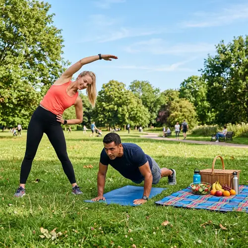 Outdoor Fitness Scene at Park with Healthy Picnic Setup