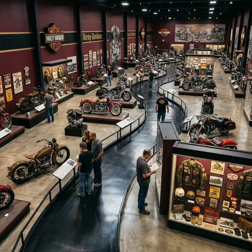 Harley Davidson Motorcycle Museum Interior in Burgundy and Black