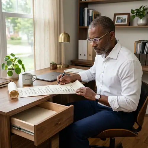 Focused Black Man at Wooden Desk Reviewing To-Do List