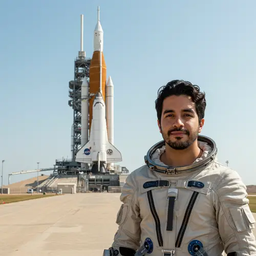 Hispanic Astronaut in Front of Rocket