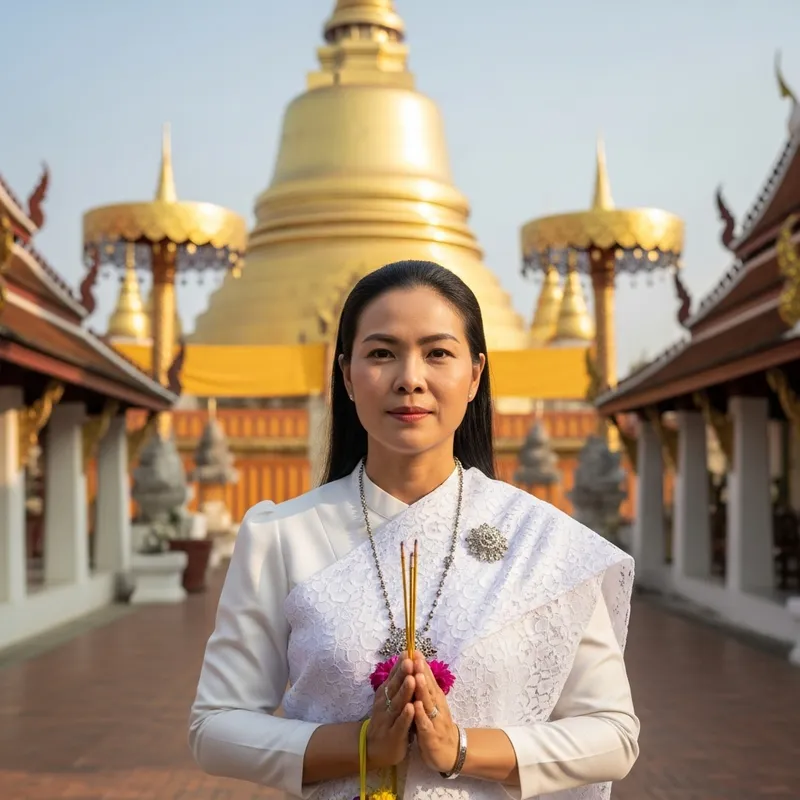 Serene Thai Woman in Traditional Temple Setting