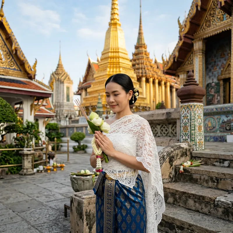 Serene Thai Woman in Traditional Temple Setting Serene Thai Woman in Traditional Temple Setting