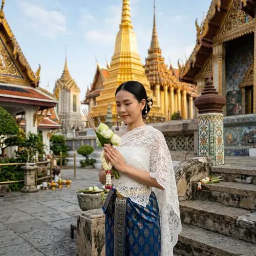 Serene Thai Woman in Traditional Temple Setting