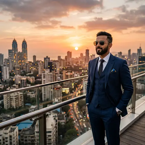 Stylish Indian Man in Suit with City Skyline at Sunset