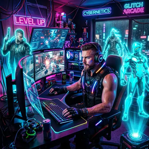 Futuristic Cyberpunk Gamer in Neon Gaming Room