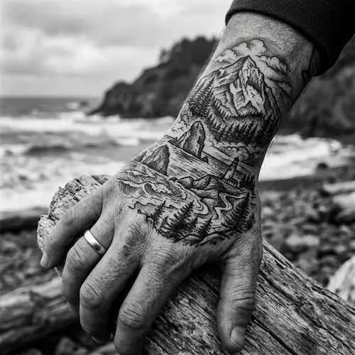 8k Black and White Hand Tattoo: Mountain Landscape & Oregon Coast Elements