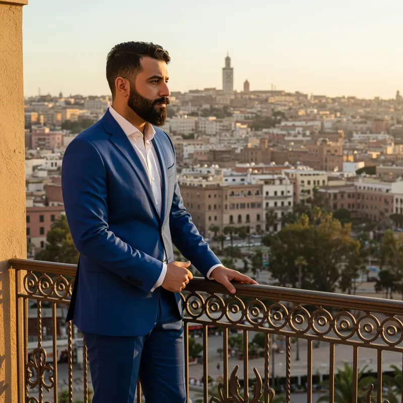 Elegant Moroccan Man in Royal Blue Suit on Balcony