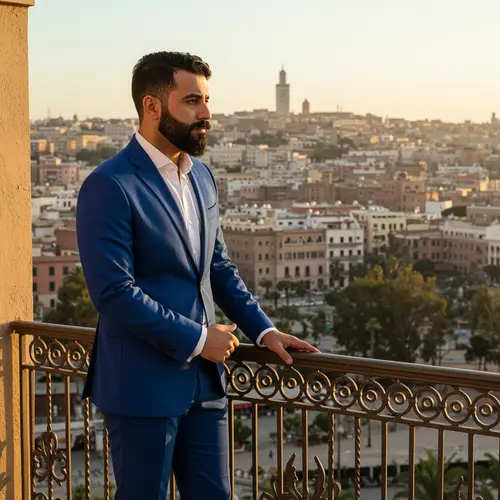 Elegant Moroccan Man in Royal Blue Suit on Balcony