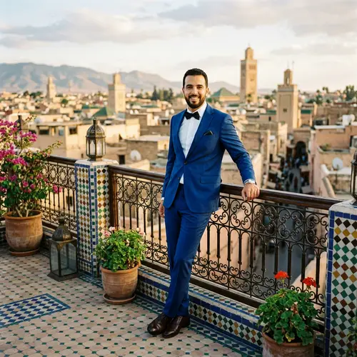 Elegant Moroccan Man in Royal Blue Suit on Balcony