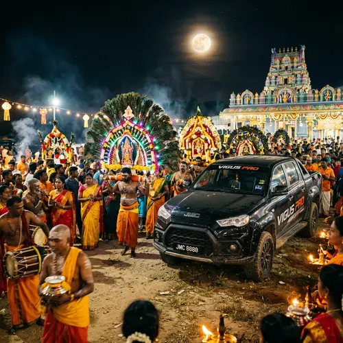 JMC Vigus Pro Off-Road Vehicle Under Full Moon with Thaipusam Devotees