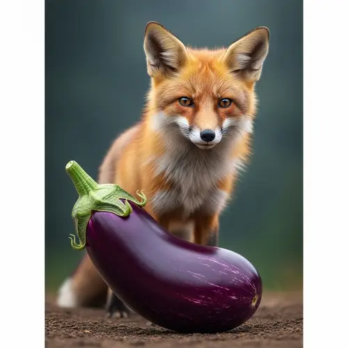 Elegant Fox and Vibrant Brinjal in Scenic Organic Farm