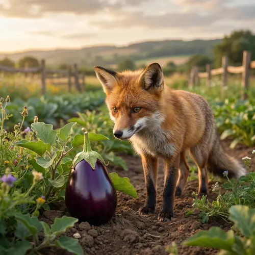 Elegant Fox and Vibrant Brinjal in Scenic Organic Farm