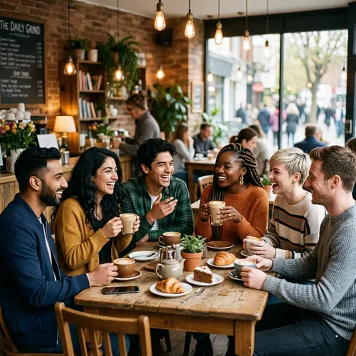 Warm and Cozy Coffee Shop Gathering with Diverse Group of Friends
