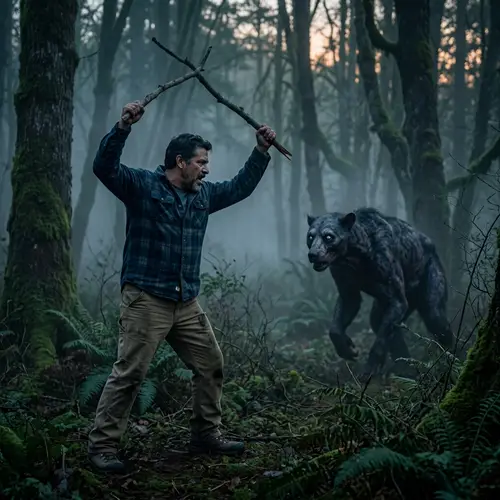 Hispanic Individual Scares Menacing Creature in Misty Forest