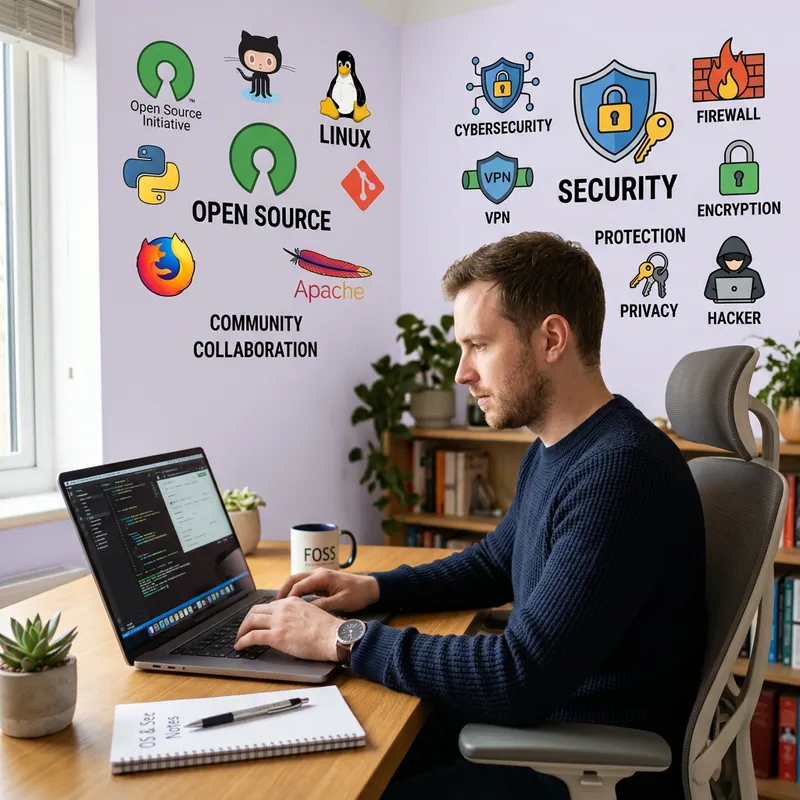 Man with Laptop: Open Source & Security Icons