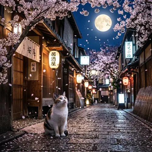 Cat in Japanese Alley Under Cherry Blossoms & Full Moon