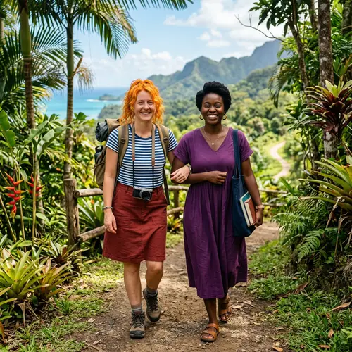 Adventurous Woman in Blue and White T-Shirt with Scholarly Woman in Purple Dress in Tropical Setting