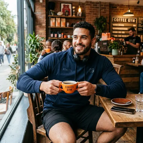 Hispanic Athlete at Coffee Shop with 'COFFEE GYM' Cup