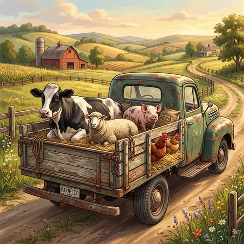 Vintage Farm Truck with Farm Animals - Rustic Charm Illustration