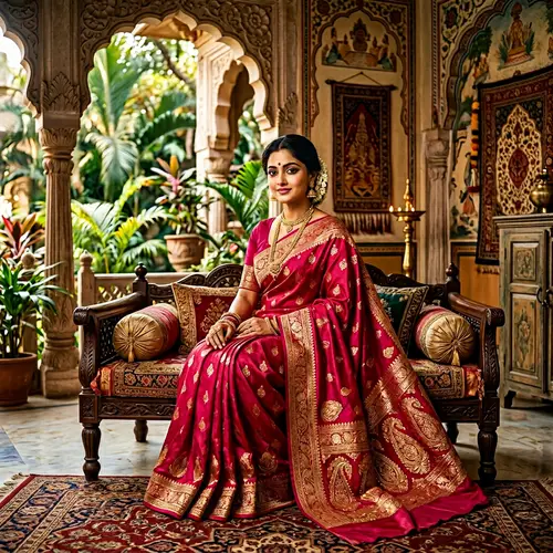 Vibrant Saree in Traditional Indian Setting | Raja Ravi Varma Style