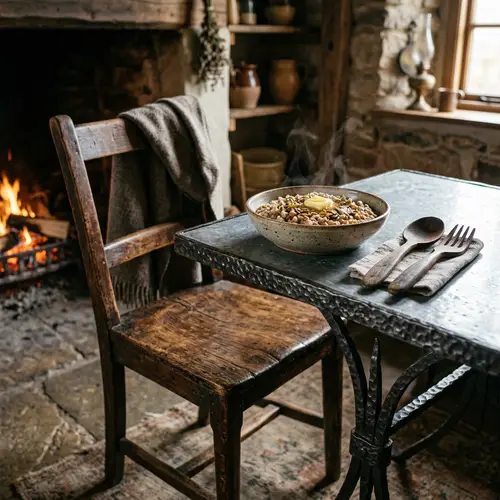 Rustic Wooden Chair & Iron Table Setting with Buckwheat Porridge