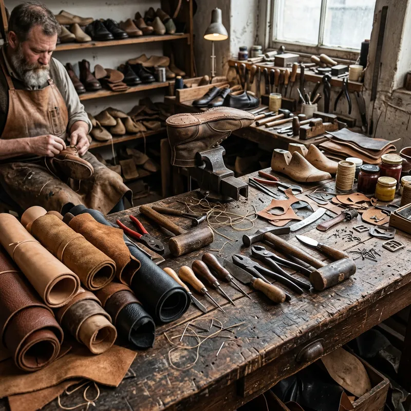 Shoemakers Work Desk: Tools and Leather Craftmanship