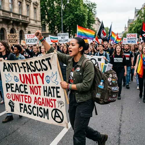 Hispanic Woman Leading Peaceful Anti-Fascist Movement