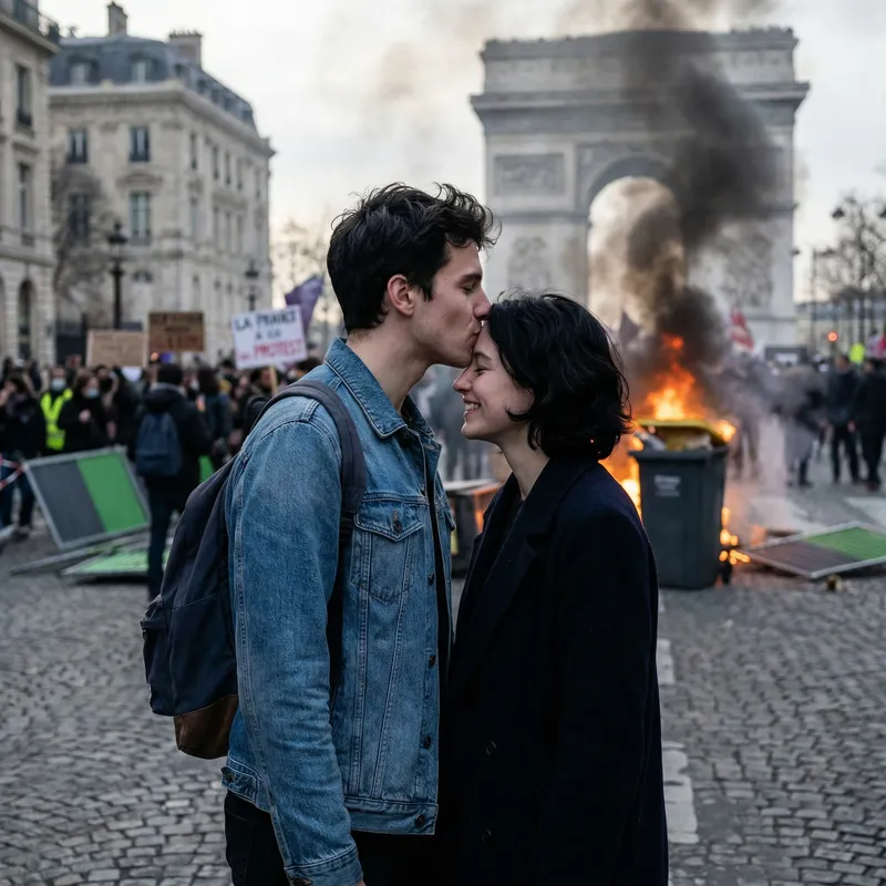 Fiery Protest Love Moment in Paris | Man & Girl Kissing Fiery Protest Love Moment in Paris | Man & Girl Kissing